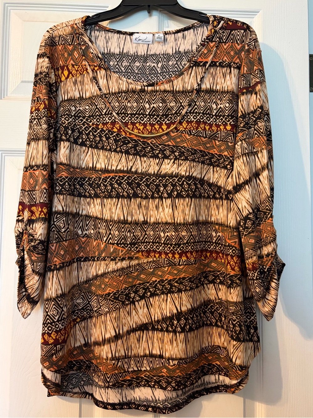 Kim Rogers Brown Geometric Print Roll-Sleeve Women's Top